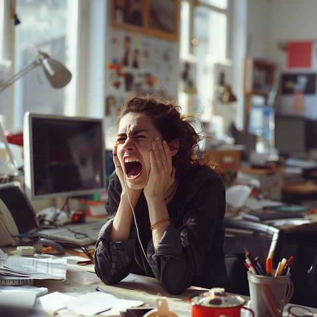 Photo woman stressed and screaming due to work