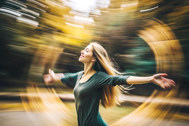 Woman stretches arms outdoors soaking in the open air