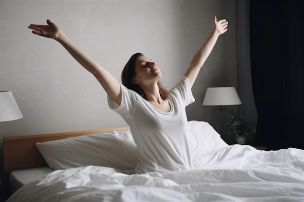 A woman stretching in bed with her arms outstretched.