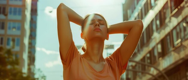 Photo woman stretching and soaking in the sunlight amidst an urban setting portraying a moment of relaxation and breath of fresh air