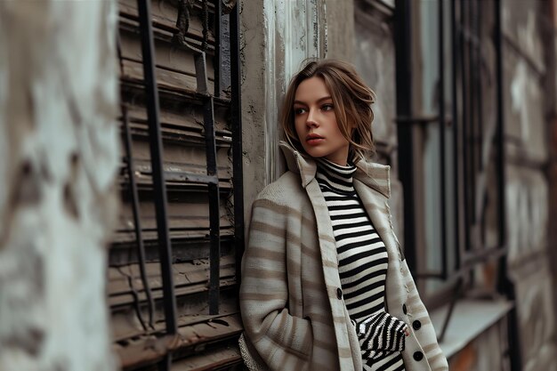 Woman in Striped Knitwear and Dress