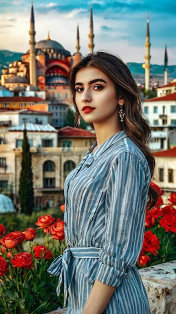 Photo a woman in a striped shirt stands in front of a cityscape