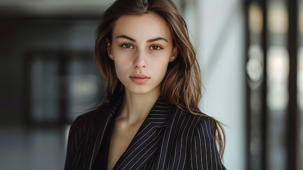 a woman in a striped suit stands in front of a wall