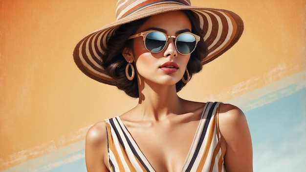 a woman in a striped sun hat is wearing a striped striped summer hat