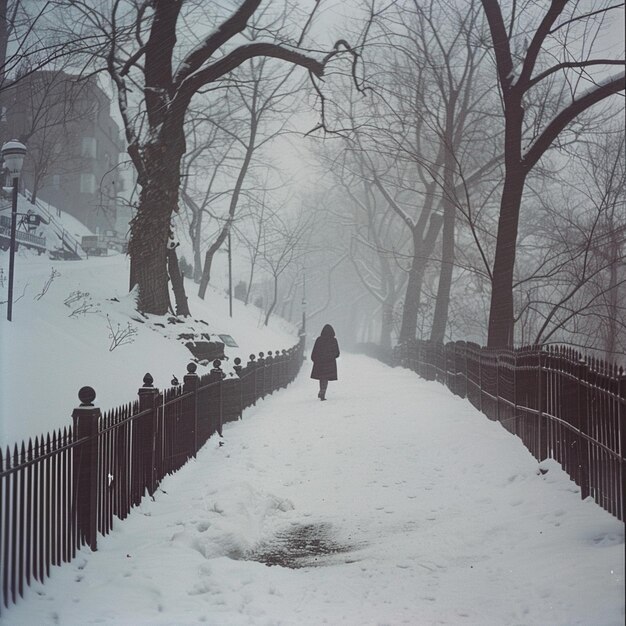 Woman strolls along a picturesque snowblanketed embankment