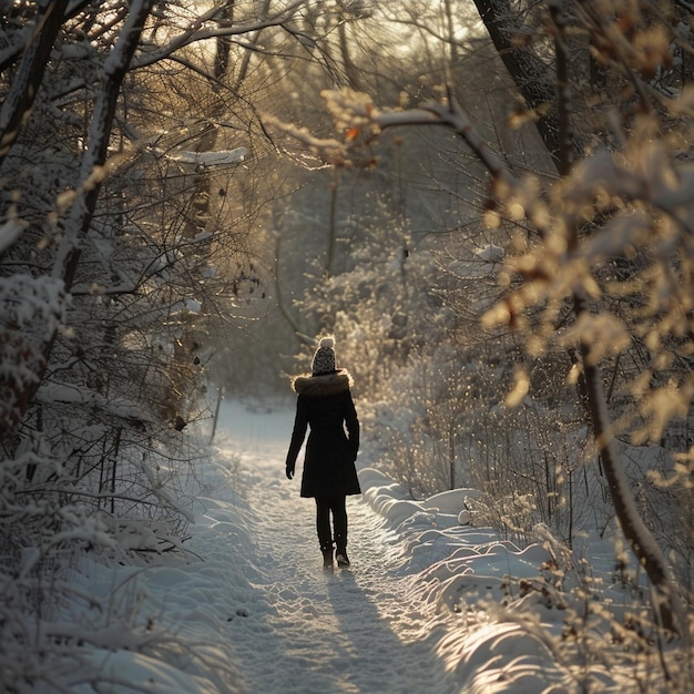 Woman strolls along a picturesque snowblanketed embankment