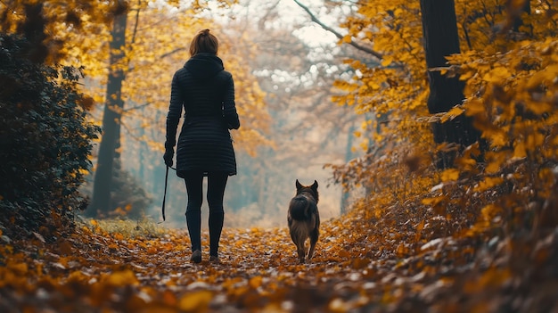 A woman strolls through a vibrant leafcovered path with her dog during autumn