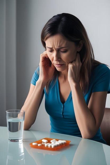 Photo a woman struggling with health problems emotional scene at the table