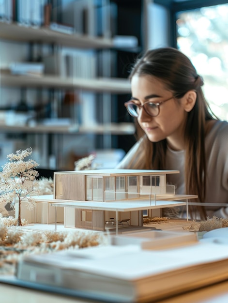 A woman studies a scale model of a house possibly planning renovations or imagining future designs