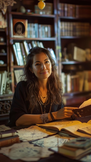 Woman Studying Ancient Textbooks in a Cozy Library A young woman sits in a warm and inviting