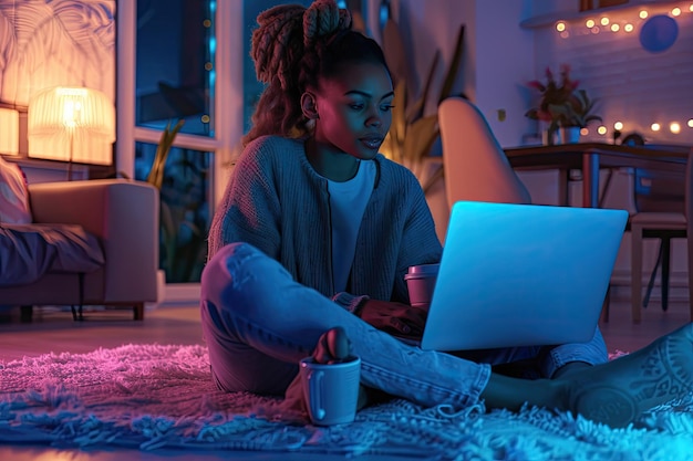 Woman Studying on Laptop in Modern Living Room