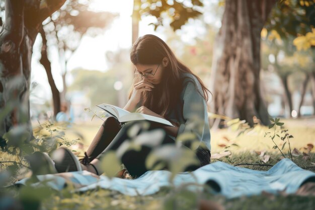 Photo woman studying in public park woman student studying in public park