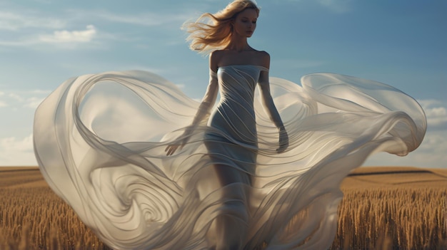 Woman in stunning long wavy dress posing in field