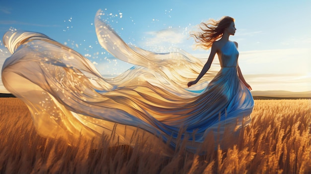 Woman in stunning long wavy dress posing in field