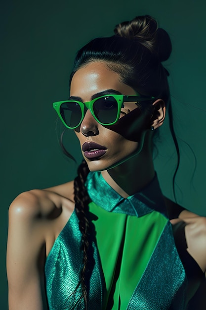 Photo woman in stylish green clothes and green sunglasses generative ai