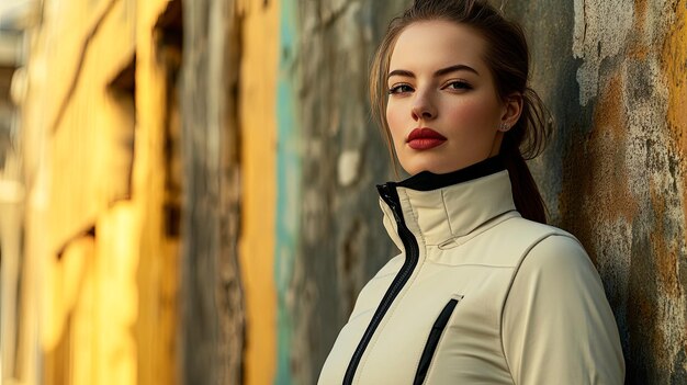 A woman in stylish sportswear pauses against a vibrant urban backdrop during golden hour showcasing modern athletic fashion and confidence