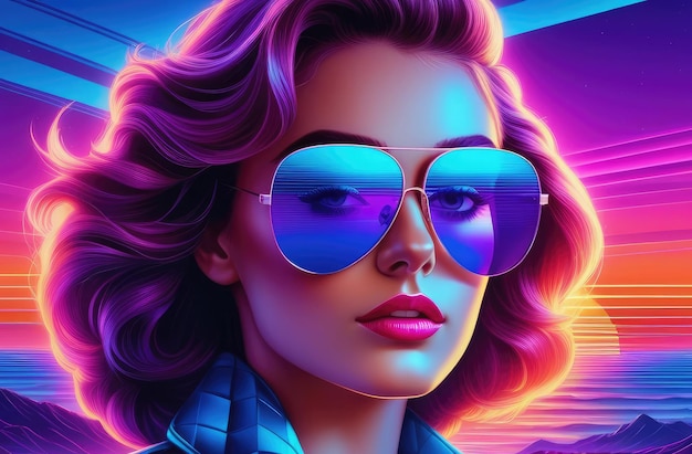 woman in stylish sunglasses at sunset landscape in 80s style Retro view in 3D VR with 1980s vibes