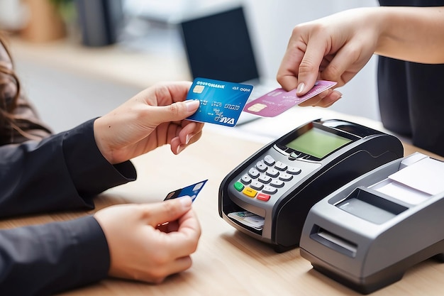 Woman submitting credit card to pay for goods