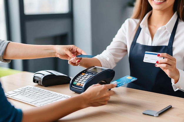 Photo woman submitting credit card to pay for goods