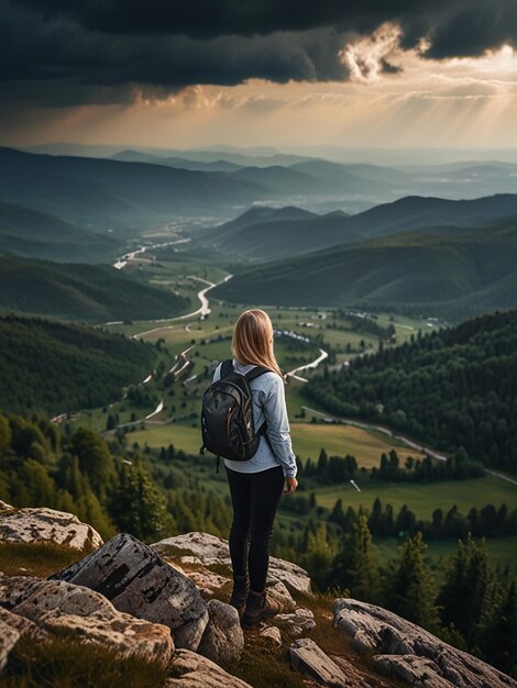 Woman success concept looking at view from mountain top dramatic landscape