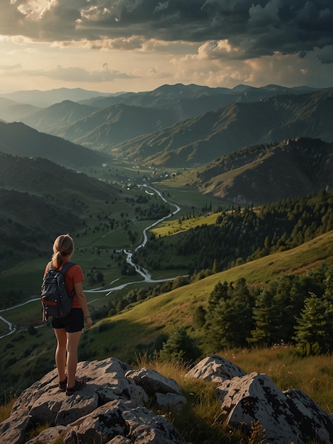 Woman success concept looking at view from mountain top dramatic landscape