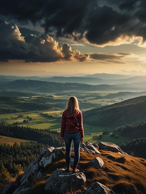 Woman success concept looking at view from mountain top dramatic landscape