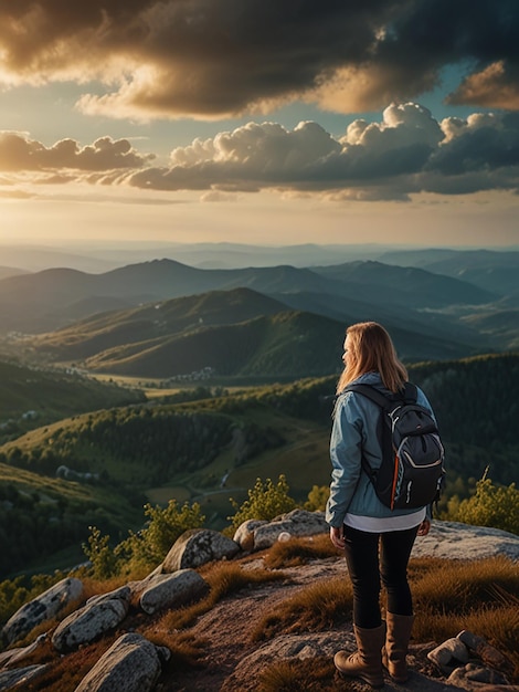 Woman success concept looking at view from mountain top dramatic landscape