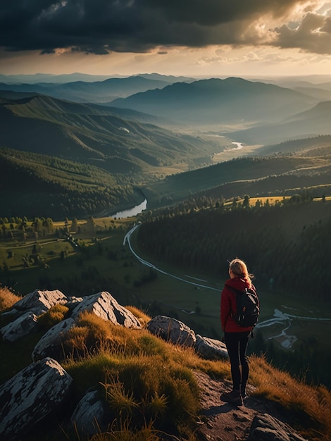 Woman success concept looking at view from mountain top dramatic landscape