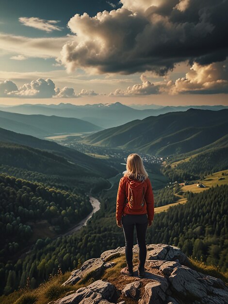 Woman success concept looking at view from mountain top dramatic landscape