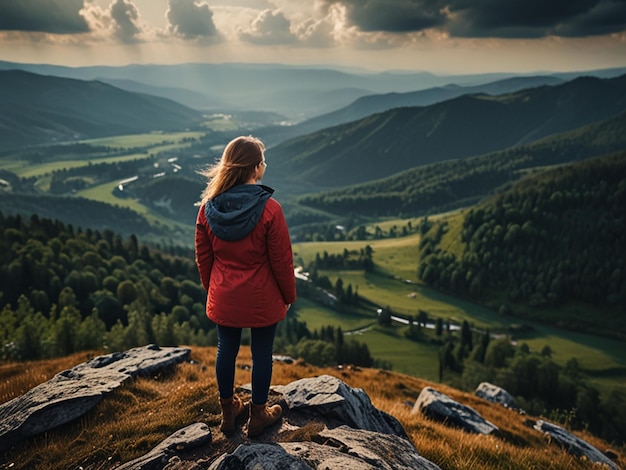 Woman success concept looking at view from mountain top dramatic landscape