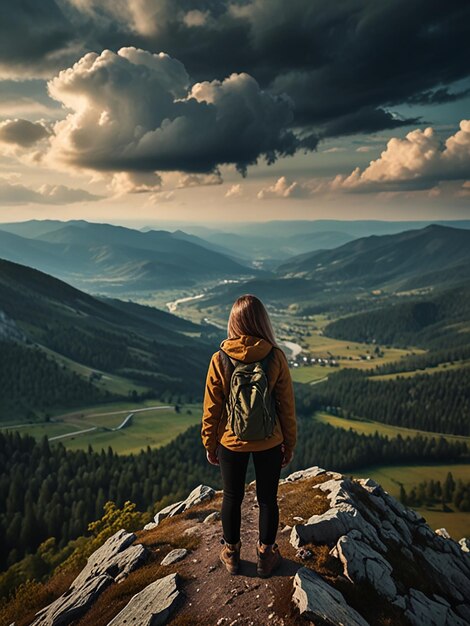 Woman success concept looking at view from mountain top dramatic landscape