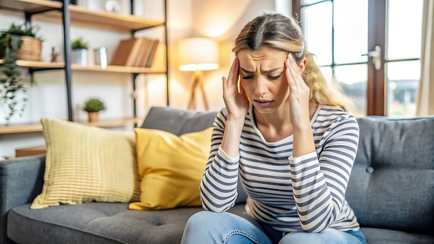 Photo woman suffering from headache at home