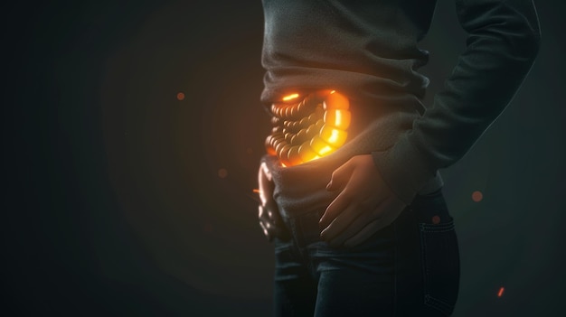 Woman suffering from intense intestinal pain highlighted by glowing anatomy