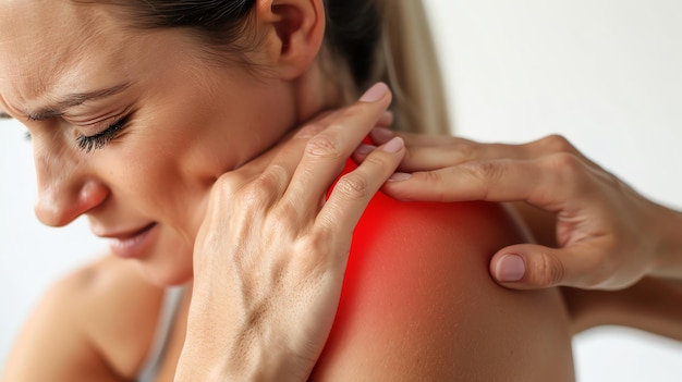 Photo woman suffering from shoulder pain holding her shoulder with a pained expression