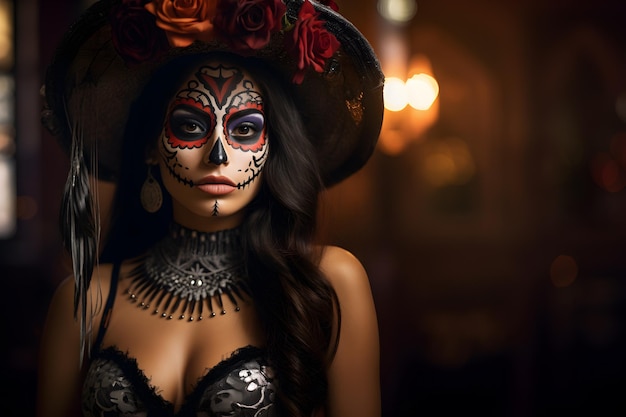 Woman sugar skull makeup in Halloween gothic costume Catrina Girl Day of the dead Mexican festival