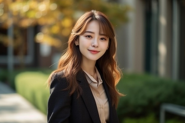 A woman in a suit and a black blazer stands in front of a building.