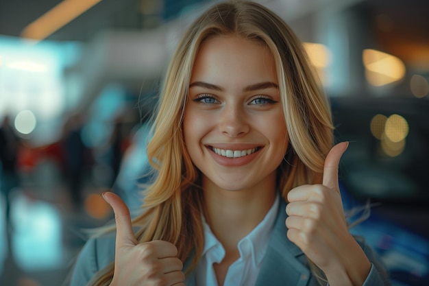 Photo woman in a suit gives a thumbs up she smiles and she is happy