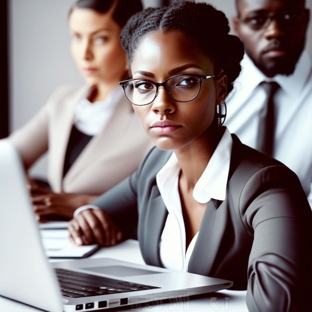 A woman in a suit and glasses sits at a desk with a laptop.