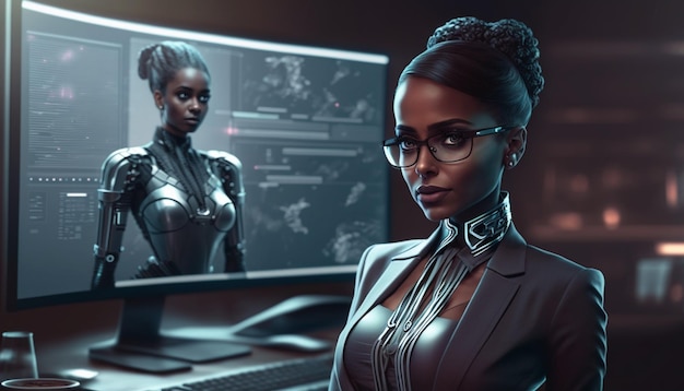 A woman in a suit and glasses sits in front of a computer screen that says'cyberpunk '