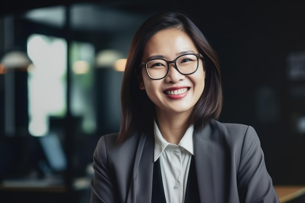 A woman in a suit and glasses smiles at the camera.