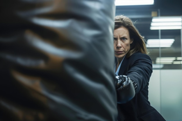 A woman in a suit and gloves throws a punch at a punching bag in a modern office setting