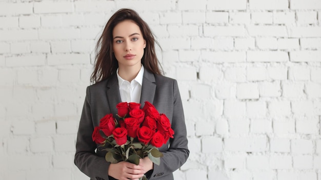 Woman in a suit holding a bouquet of roses and a white brick wall in the background