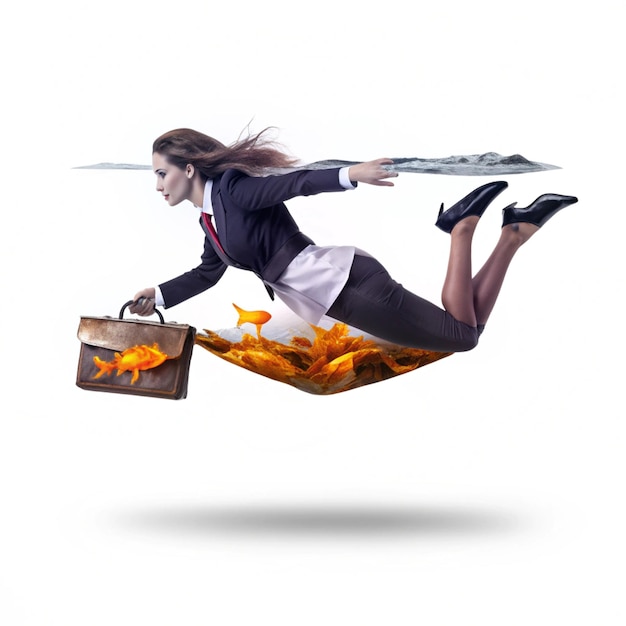 Photo a woman in a suit is flying in a sled with a bag of goldfish