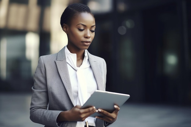 A woman in a suit is holding a tablet in her hands.