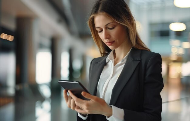 Photo a woman in a suit is holding a tablet and looking at the screen