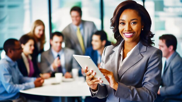 a woman in a suit is holding a tablet with other people in the background