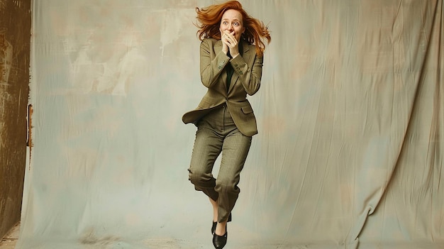 a woman in a suit is jumping in the air with her hand on her face