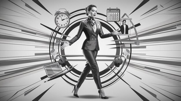 Photo a woman in a suit is standing in front of a clock and a clock with the word  on it