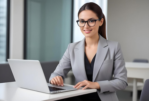 a woman in a suit is using a laptop and smiling at the camera