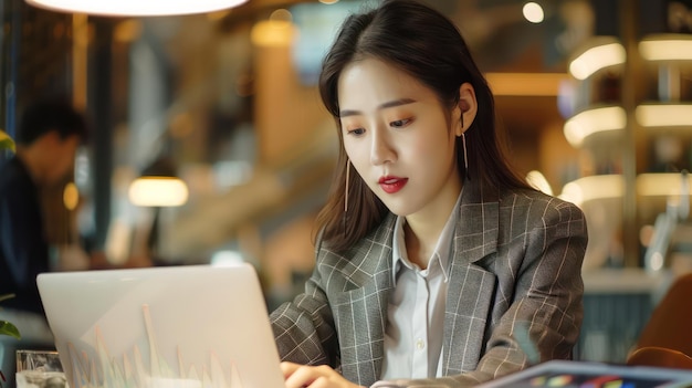 a woman in a suit is using a laptop and writing on a paper